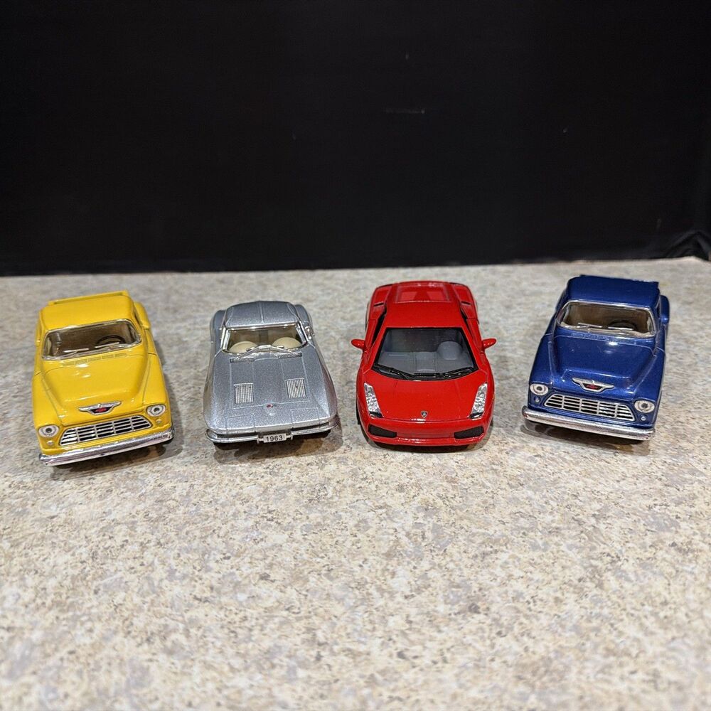 Lot Of 4 Kinsmart cars 1:32 scale 2 55 chevy trucks, 63 corvette & Lamborghini